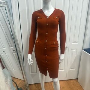 Almost Famous Ribbed Button-Front V-Neck Long Sleeve Dress in Rust